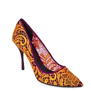 Nicholas Kirkwood Crimson/ Orange Embroidered Lace Overlay Pumps Size 37 EUC